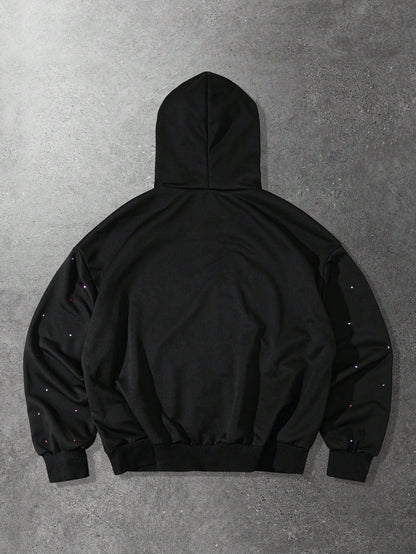 Men's Rhinestone Letter Flame Pattern Zip Up Hoodie