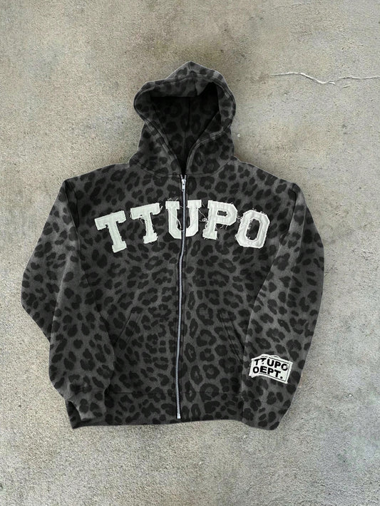 Retro Street Fashion Leopard Print Zipper Hoodie