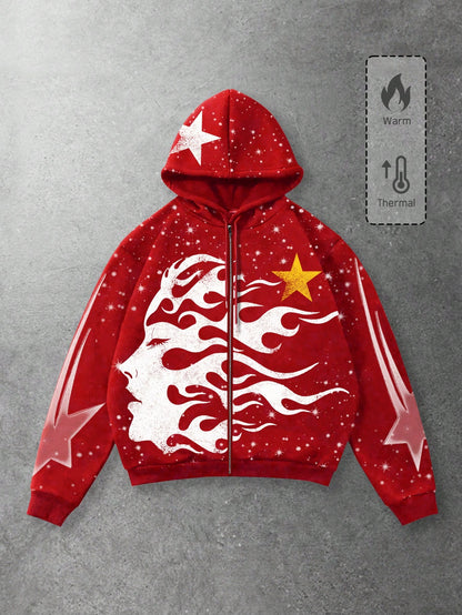 Men's Graphic Letter & Figure Print Y2K Zip Hoodie