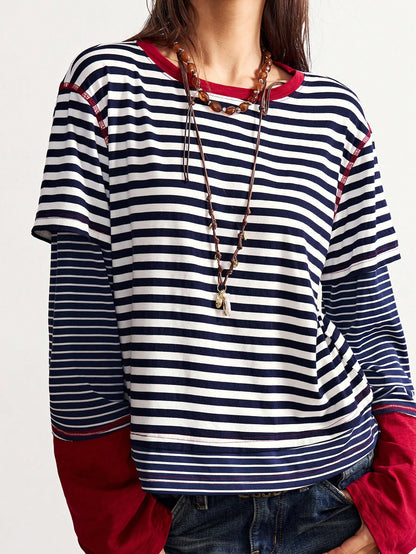 Boho Striped Patchwork Long Sleeve T-Shirt