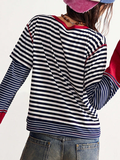 Boho Striped Patchwork Long Sleeve T-Shirt