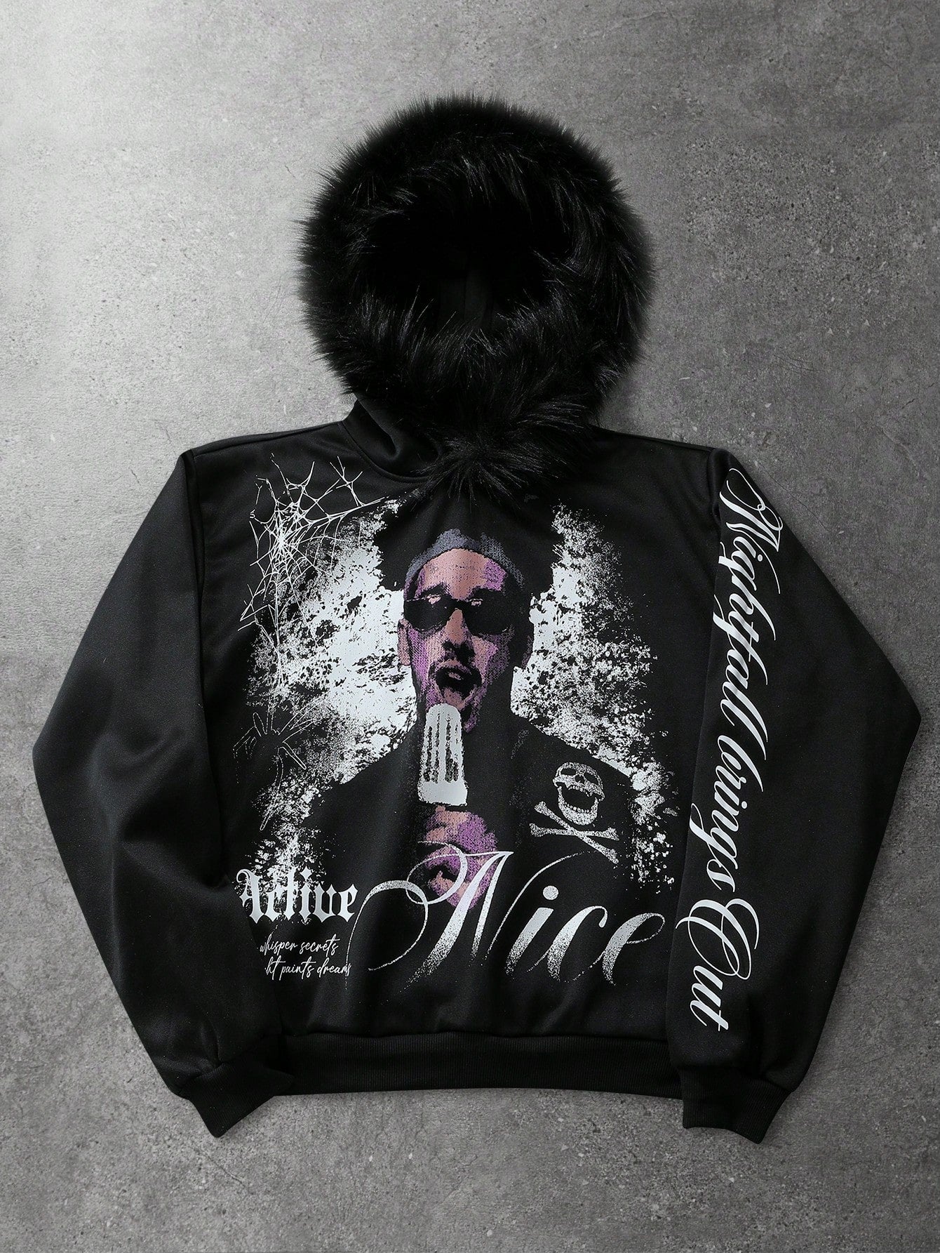 Men's Letter Portrait Print Faux Fur Patchwork Hoodie