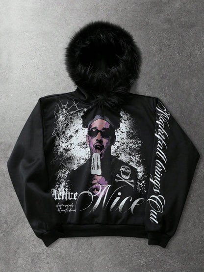 Men's Letter Portrait Print Faux Fur Patchwork Hoodie