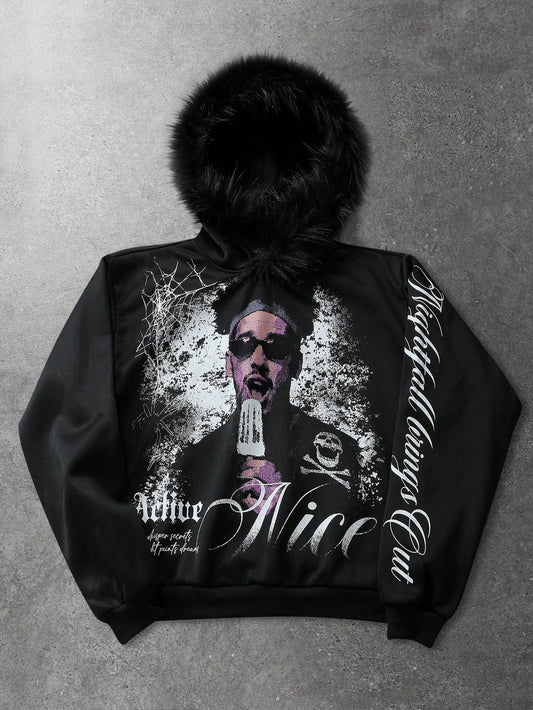 Men's Letter Portrait Print Faux Fur Patchwork Hoodie