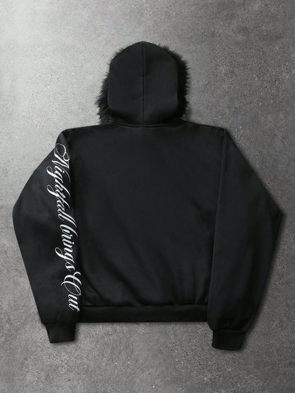 Men's Letter Portrait Print Faux Fur Patchwork Hoodie