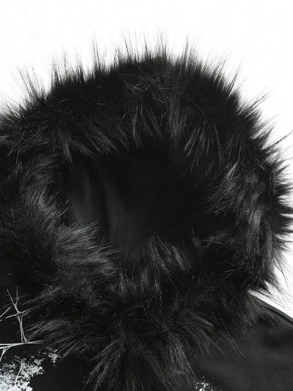 Men's Letter Portrait Print Faux Fur Patchwork Hoodie