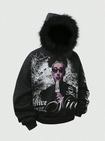 Men's Letter Portrait Print Faux Fur Patchwork Hoodie
