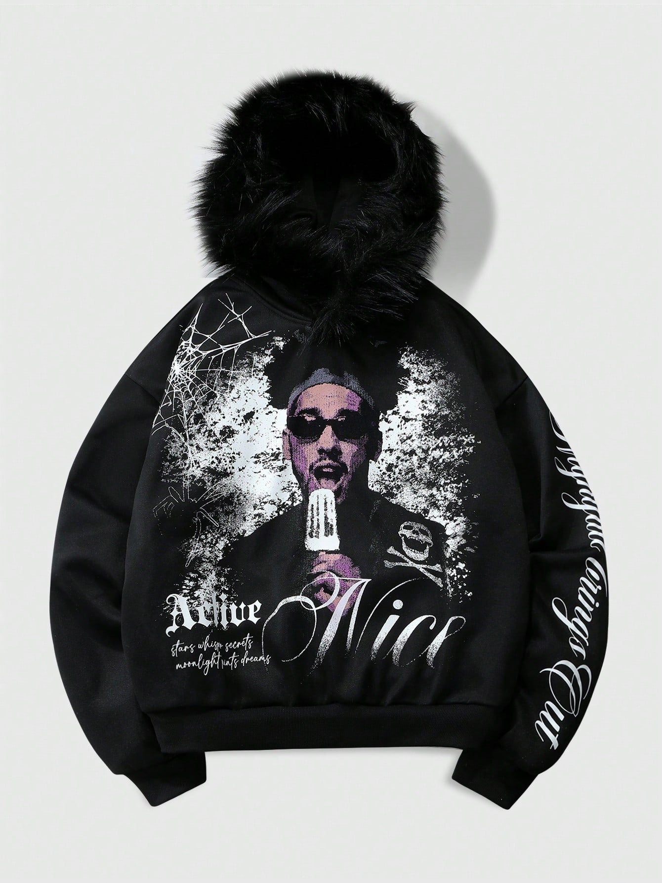Men's Letter Portrait Print Faux Fur Patchwork Hoodie
