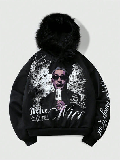 Men's Letter Portrait Print Faux Fur Patchwork Hoodie
