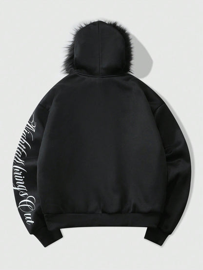 Men's Letter Portrait Print Faux Fur Patchwork Hoodie