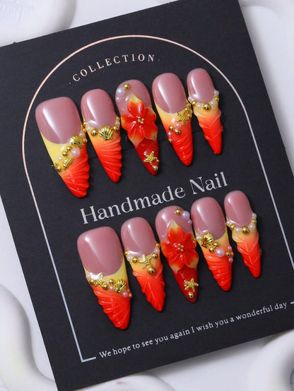 Red French Y2K Stiletto 3D Pearl Handmade Press-On Nails