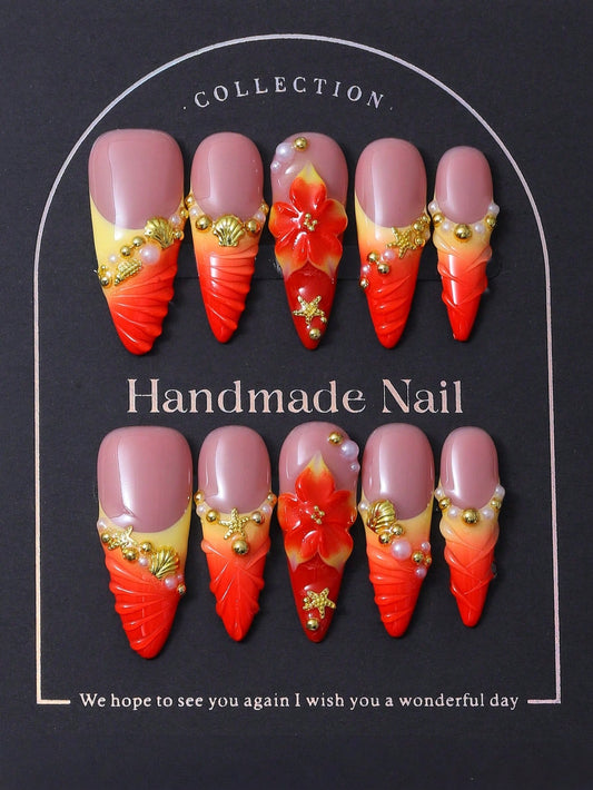 Red French Y2K Stiletto 3D Pearl Handmade Press-On Nails