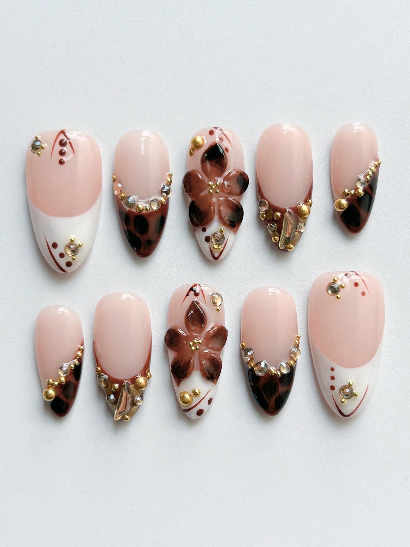 Handmade Amber Brown 3D Floral Almond Press-On Nails