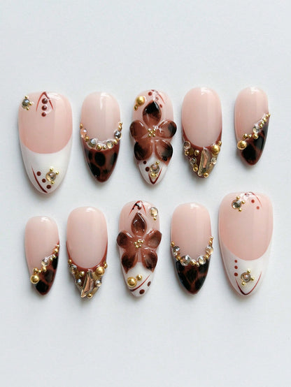 Handmade Amber Brown 3D Floral Almond Press-On Nails