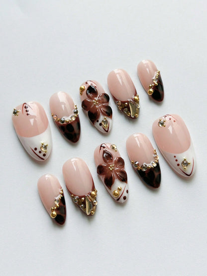 Handmade Amber Brown 3D Floral Almond Press-On Nails