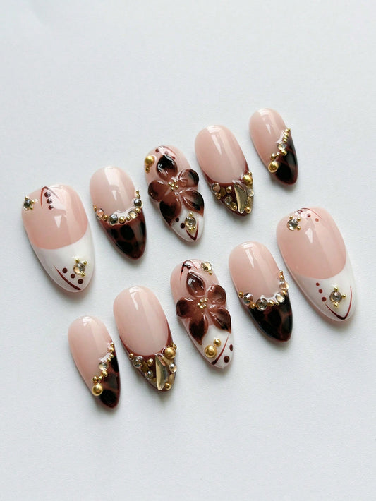 Handmade Amber Brown 3D Floral Almond Press-On Nails