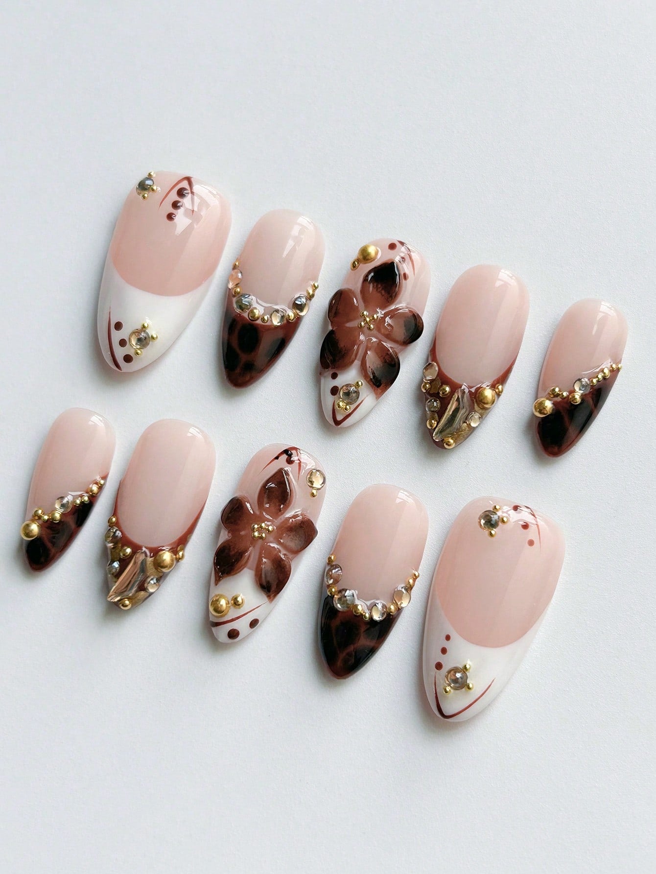 Handmade Amber Brown 3D Floral Almond Press-On Nails