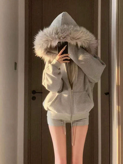 Women’s Oversized Faux Fur Collar Thermal Thick Hoodie