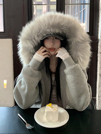 Women’s Oversized Faux Fur Collar Thermal Thick Hoodie