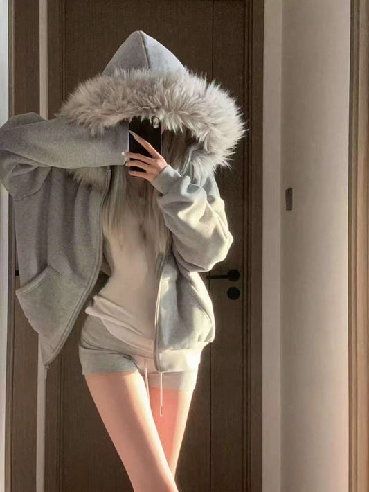 Women’s Oversized Faux Fur Collar Thermal Thick Hoodie