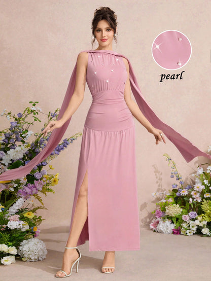 Elegant Pink Ruched Slit Maxi A-Line Dress