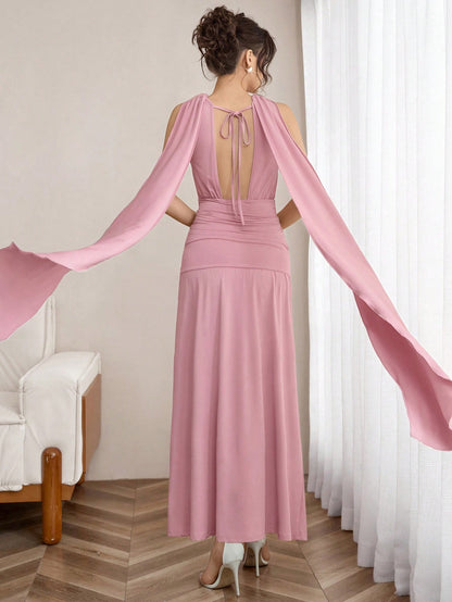 Elegant Pink Ruched Slit Maxi A-Line Dress