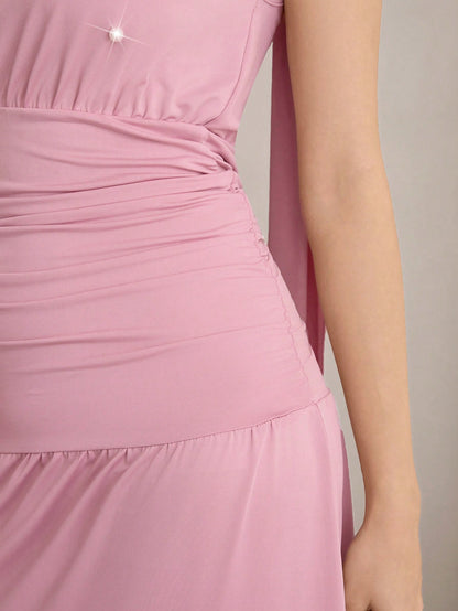 Elegant Pink Ruched Slit Maxi A-Line Dress