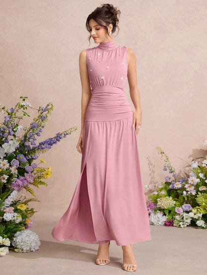 Elegant Pink Ruched Slit Maxi A-Line Dress