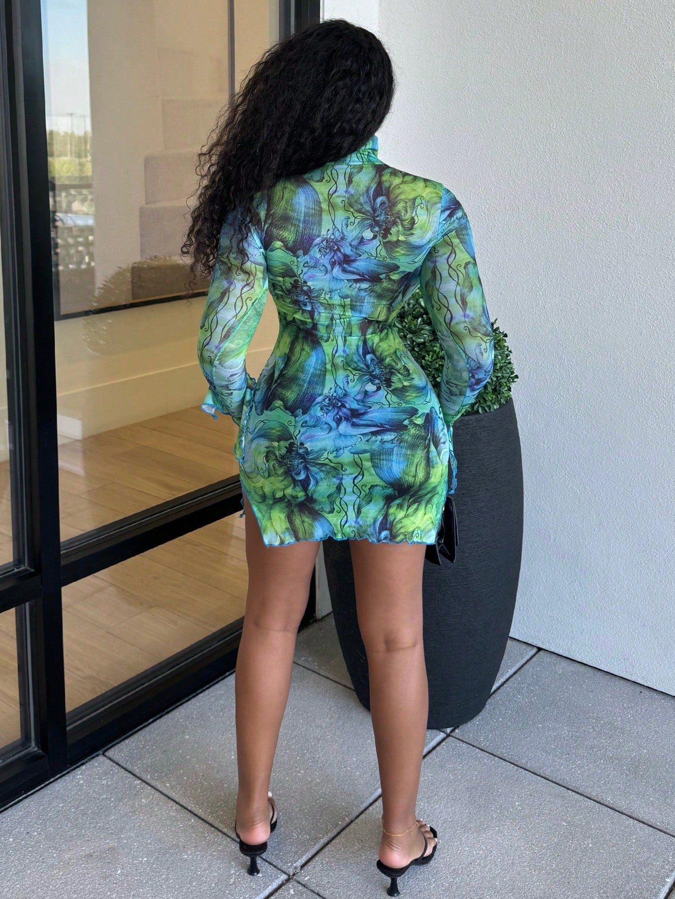 Boho Tie Dye Mesh Stand Collar Mini Dress