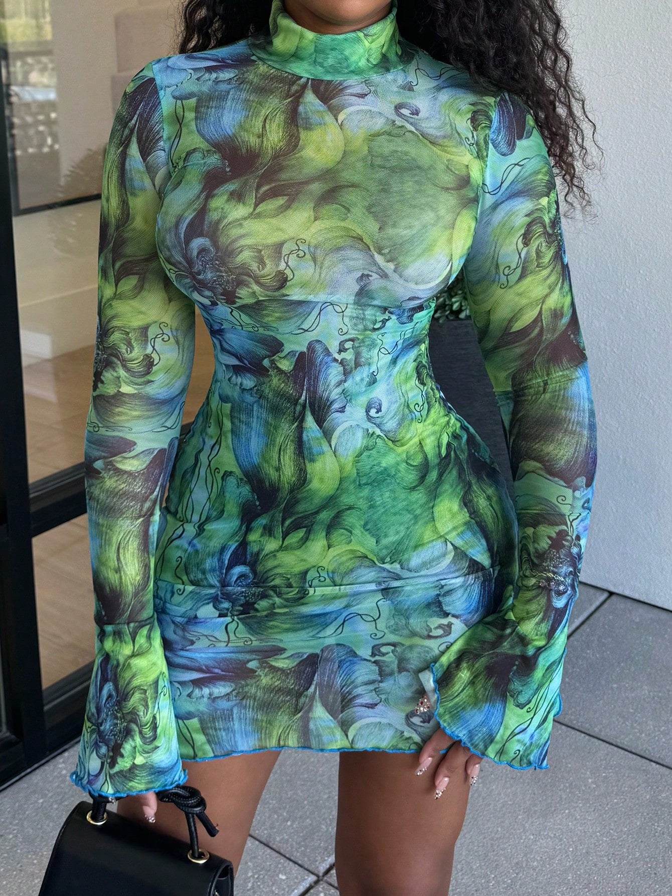 Boho Tie Dye Mesh Stand Collar Mini Dress