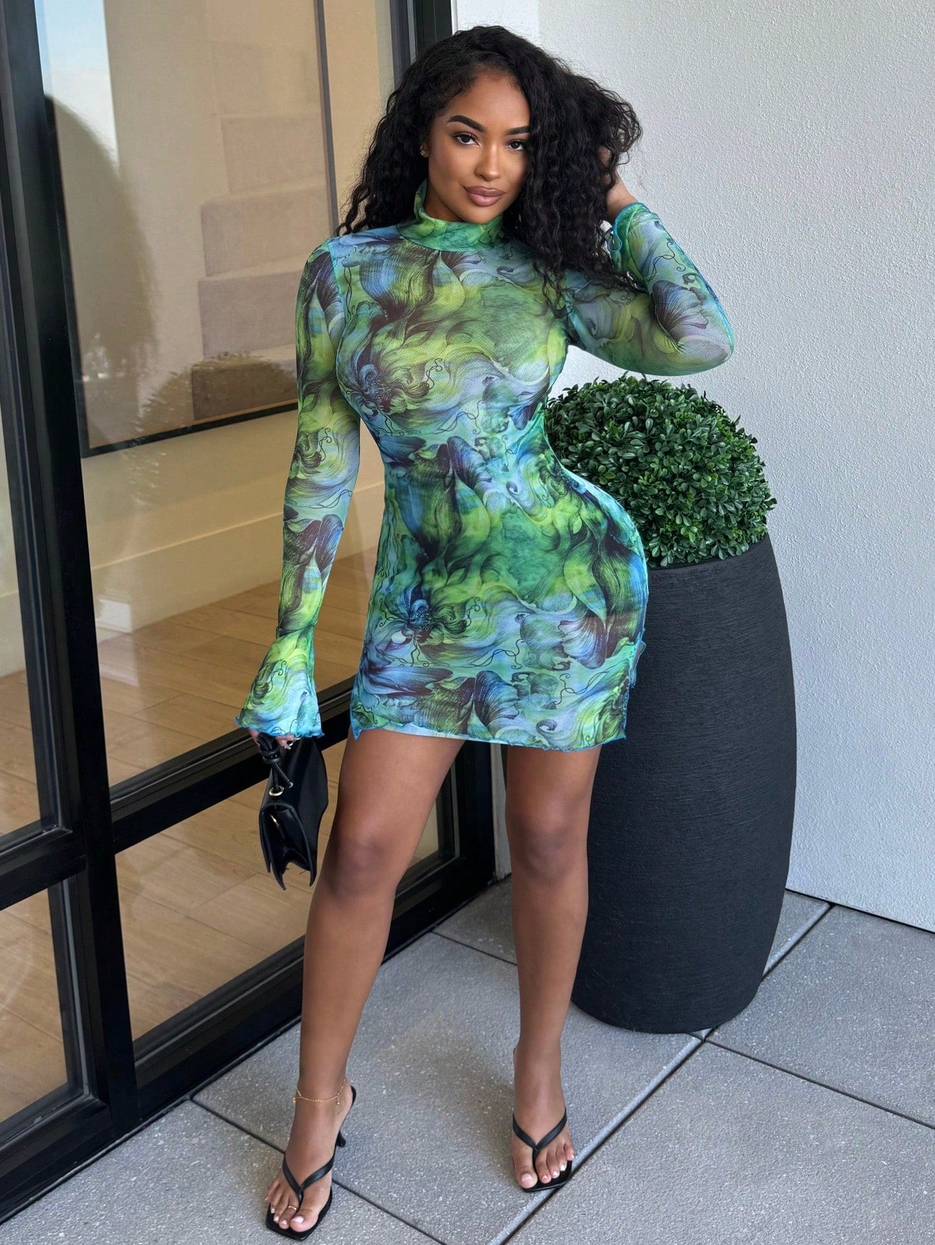 Boho Tie Dye Mesh Stand Collar Mini Dress