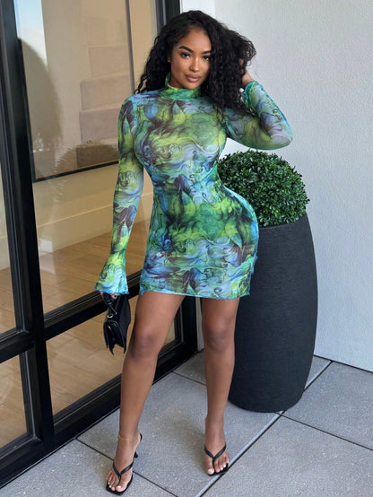 Boho Tie Dye Mesh Stand Collar Mini Dress