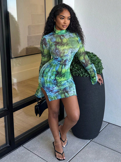 Boho Tie Dye Mesh Stand Collar Mini Dress