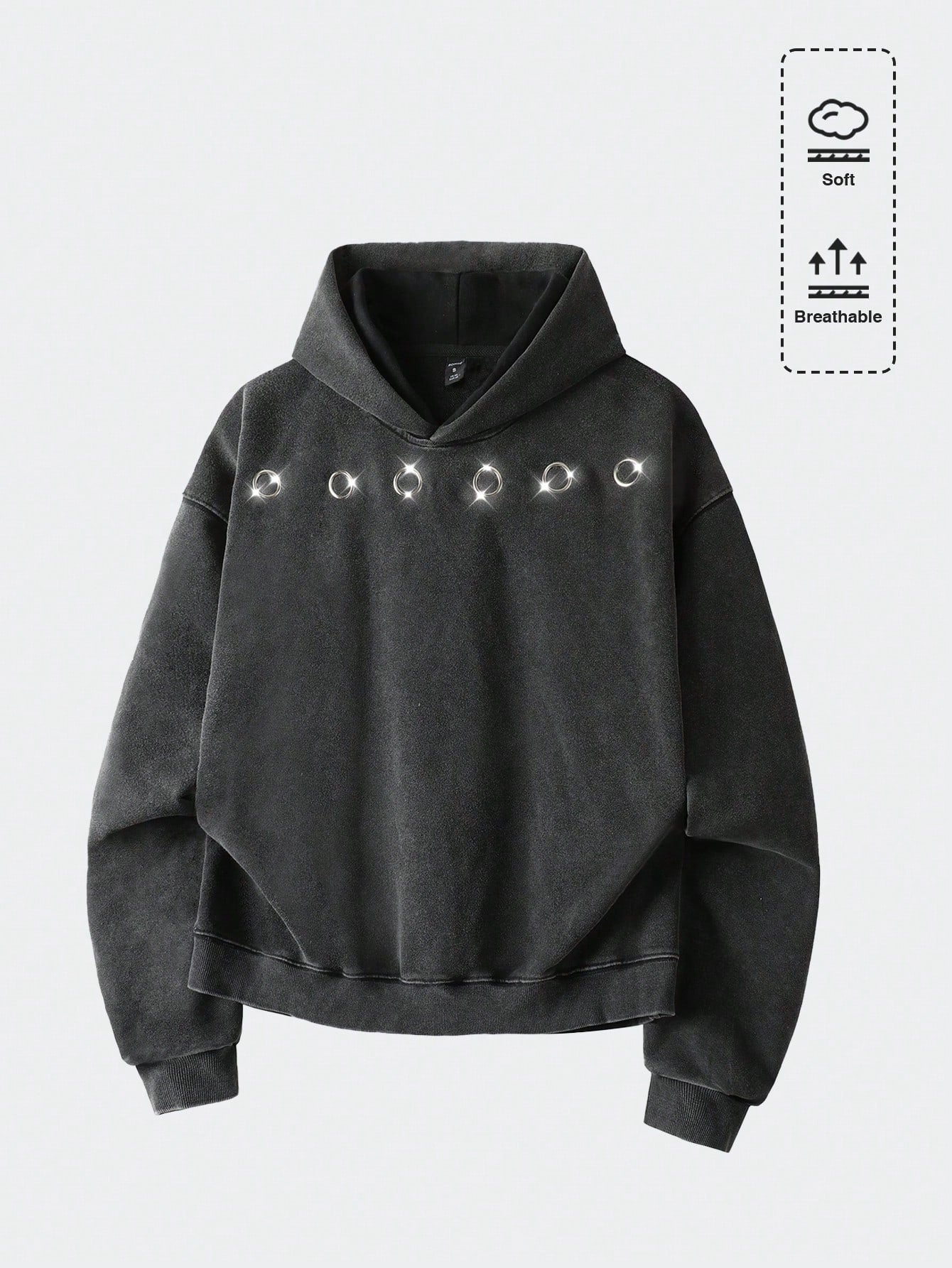 Men's Street Washed Oversized Copper Ring Detail Hoodie