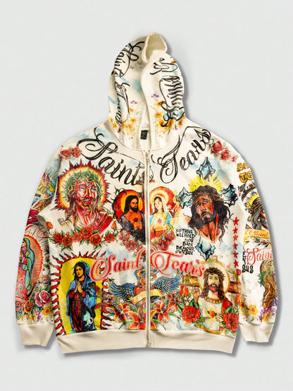 Men's Casual Graphic Print Zip-Up Hoodie