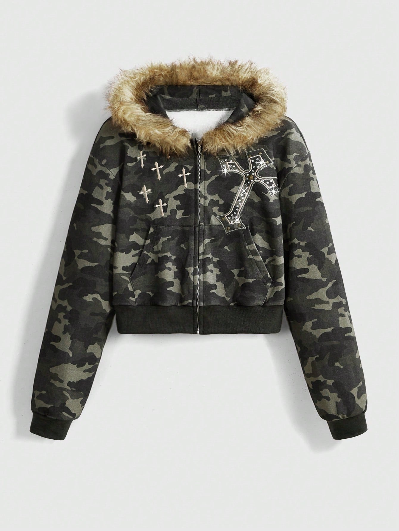Y2K Camo Furry Trim Hooded Sweatshirt Streetwear