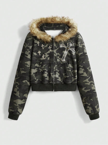 Y2K Camo Furry Trim Hooded Sweatshirt Streetwear
