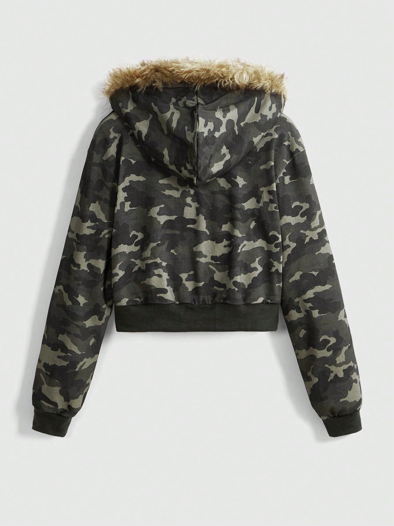 Y2K Camo Furry Trim Hooded Sweatshirt Streetwear