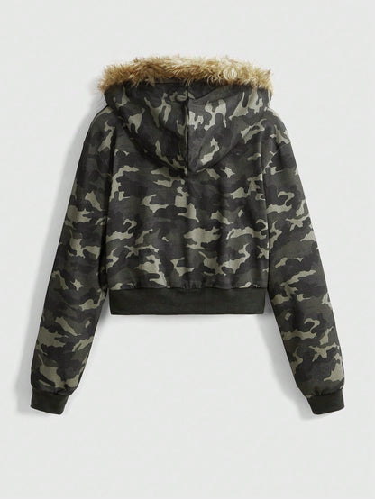 Y2K Camo Furry Trim Hooded Sweatshirt Streetwear