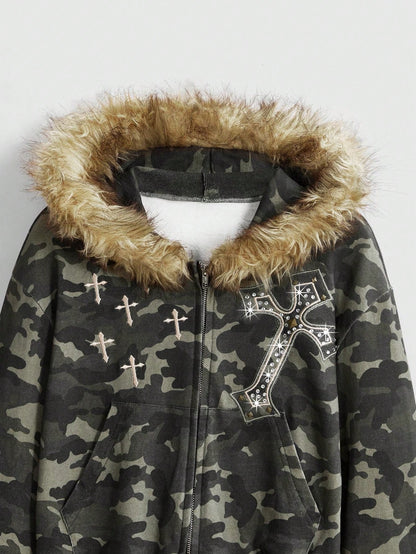 Y2K Camo Furry Trim Hooded Sweatshirt Streetwear