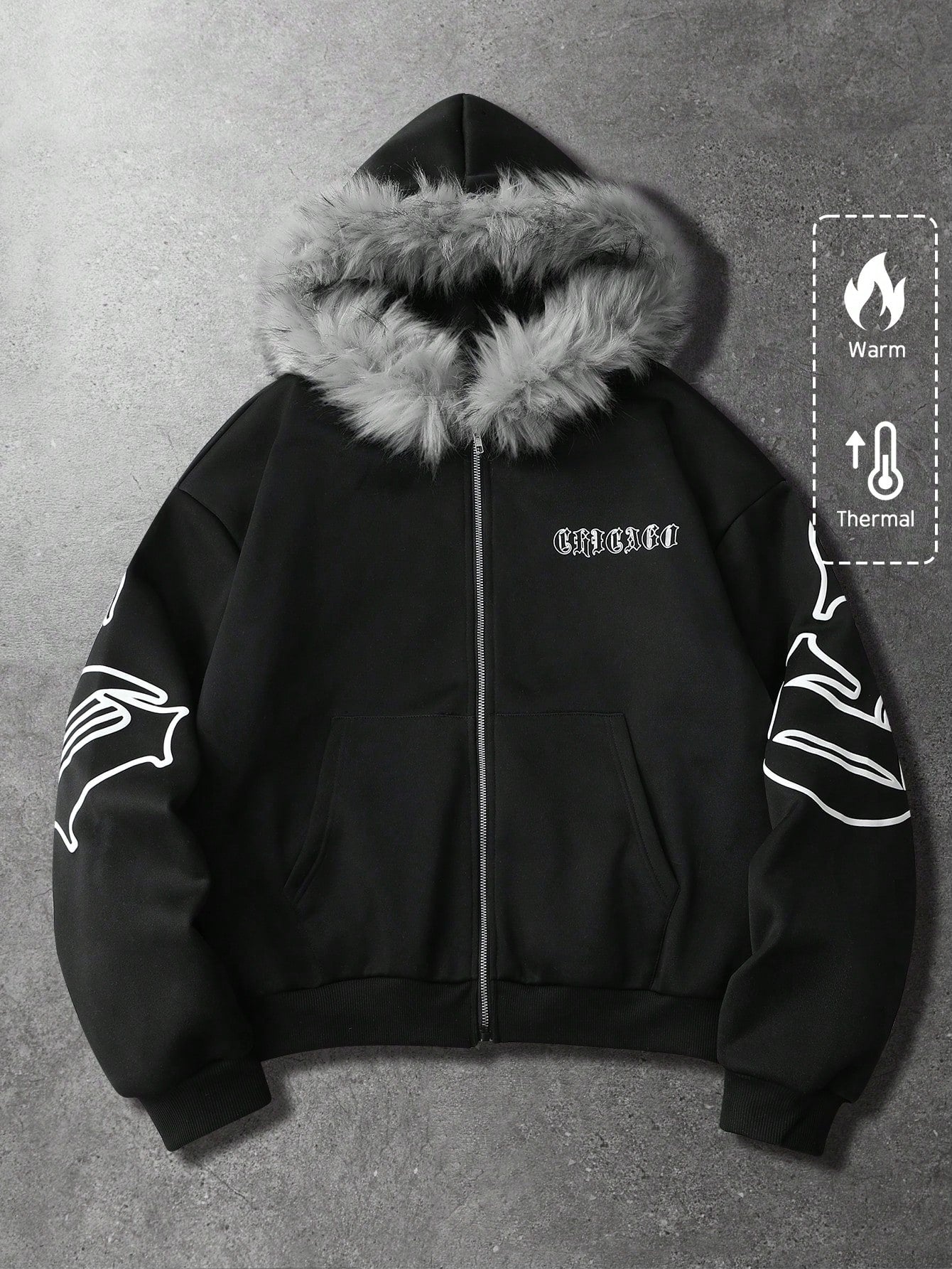 Men's Graphic Fleece Hoodie with Faux Fur Collar