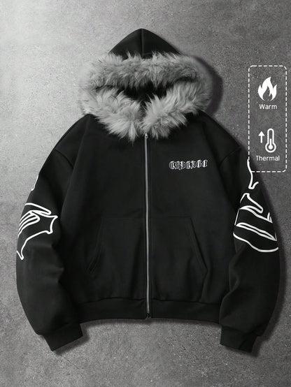 Men's Graphic Fleece Hoodie with Faux Fur Collar