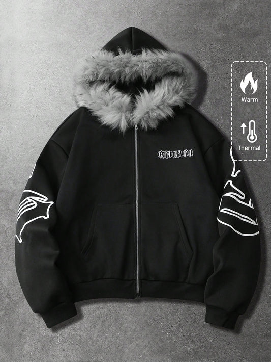 Men's Graphic Fleece Hoodie with Faux Fur Collar