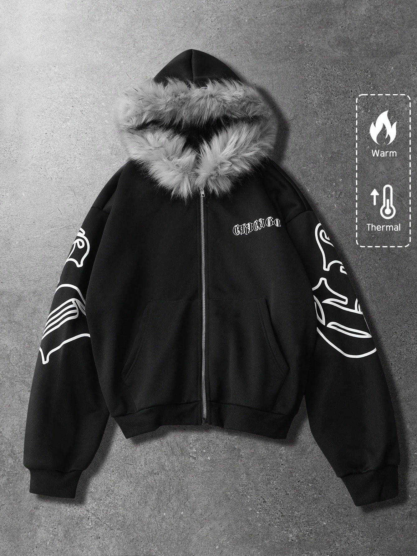 Men's Graphic Fleece Hoodie with Faux Fur Collar