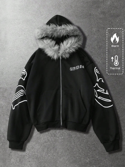 Men's Graphic Fleece Hoodie with Faux Fur Collar
