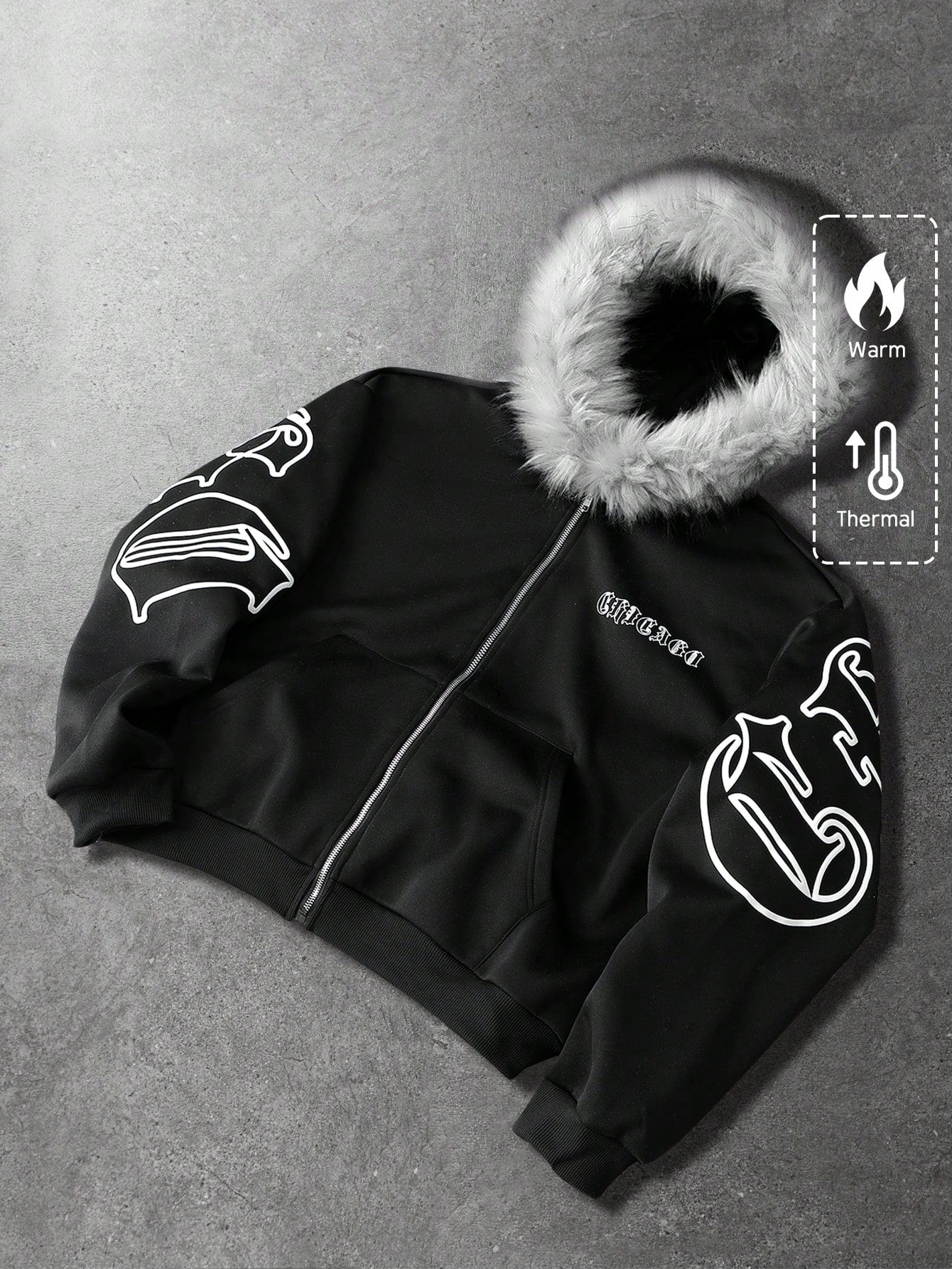 Men's Graphic Fleece Hoodie with Faux Fur Collar