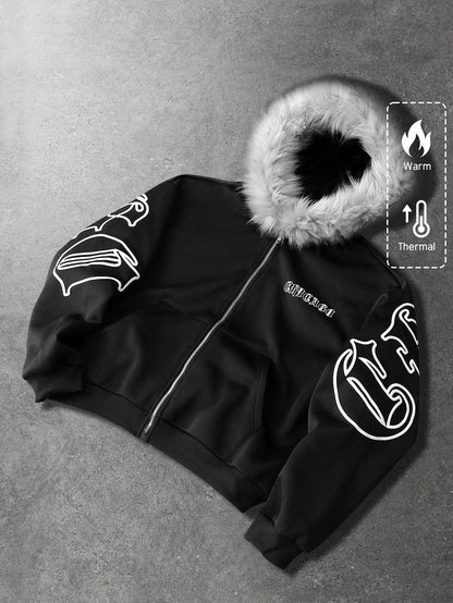 Men's Graphic Fleece Hoodie with Faux Fur Collar
