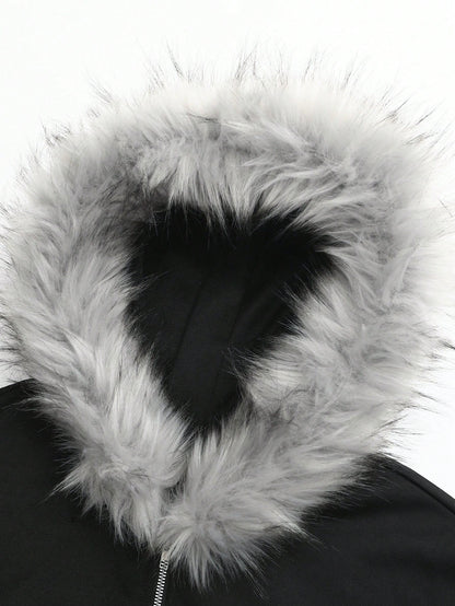 Men's Graphic Fleece Hoodie with Faux Fur Collar