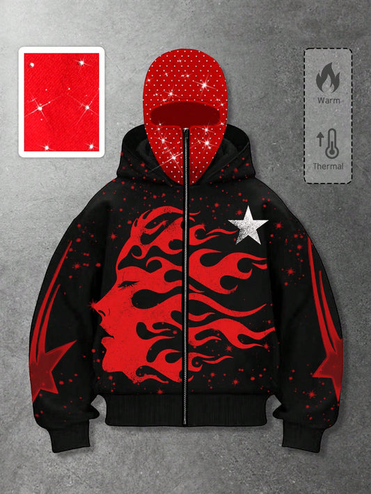 Men's Goth Flame Star Print Mask Thermal Zip Hoodie