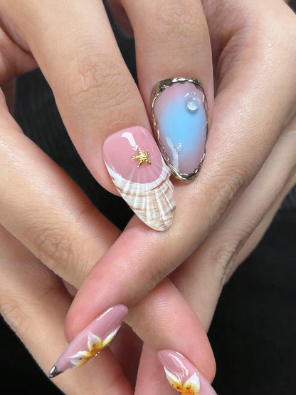 Pink & Blue 3D Floral Shell Almond Press-On Nails